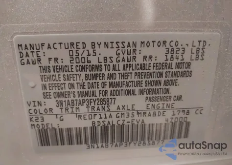 2015 Nissan Sentra S из США, поврежденный, VIN 3N1AB7AP3FY285877